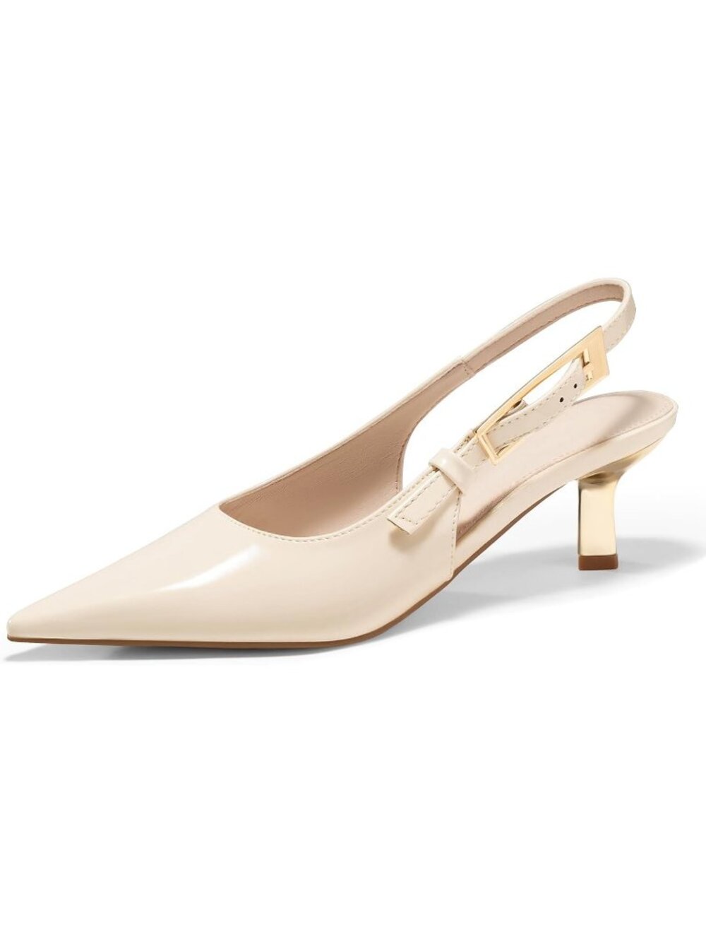 Women's Cream White Slingback Kitten Heels Closed Pointed Toe Pumps Buckle Strap